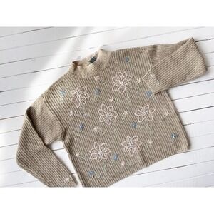 90s vintage Liz Claiborne beige‎ brown floral oversized mockneck sweater